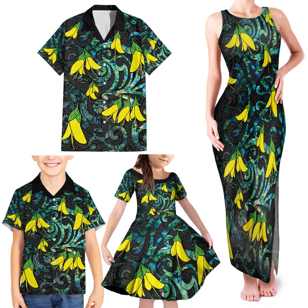 New Zealand Kowhai Flowers Family Matching Tank Maxi Dress and Hawaiian Shirt Maori Koru Pattern With Paua Shell Style LT03 - Polynesian Pride