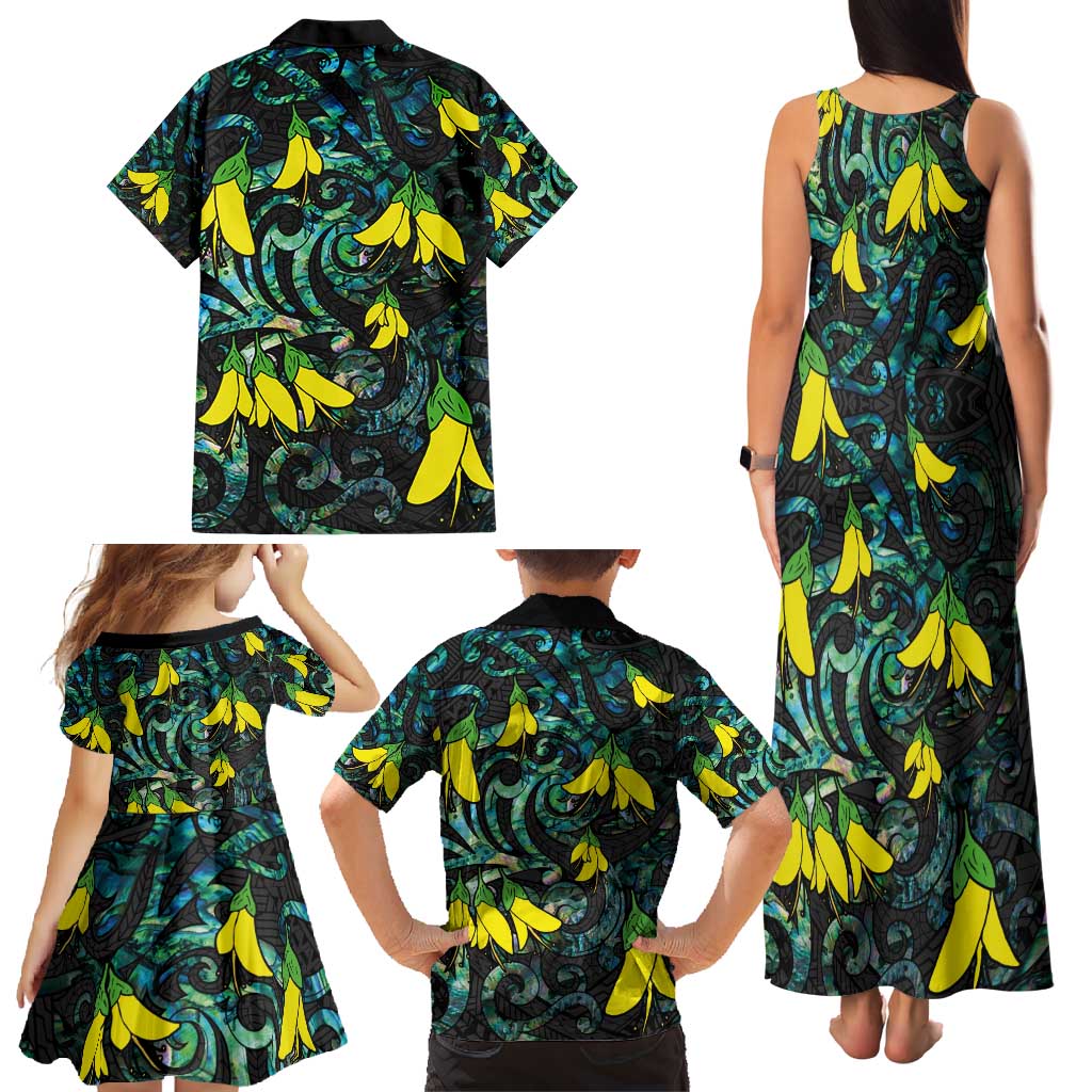 New Zealand Kowhai Flowers Family Matching Tank Maxi Dress and Hawaiian Shirt Maori Koru Pattern With Paua Shell Style LT03 - Polynesian Pride