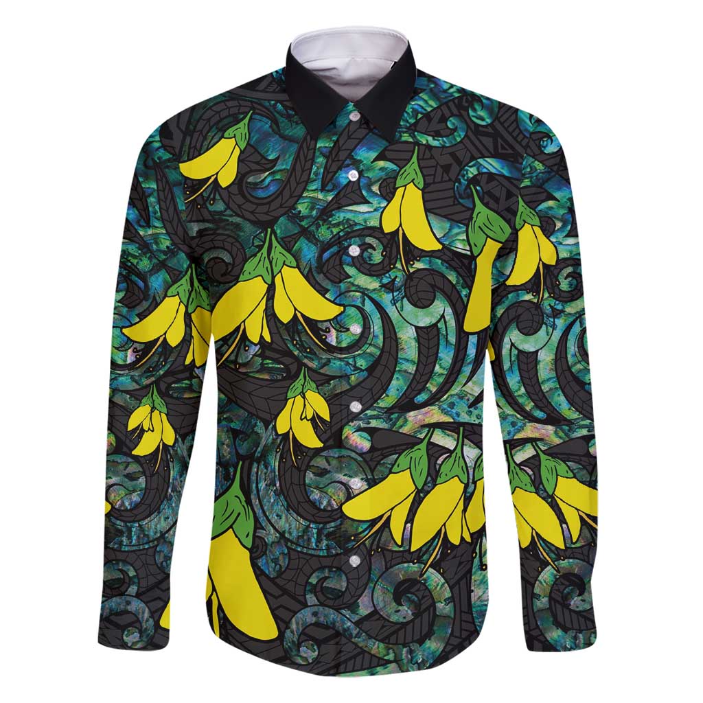 New Zealand Kowhai Flowers Family Matching Tank Maxi Dress and Hawaiian Shirt Maori Koru Pattern With Paua Shell Style LT03 Dad's Shirt - Long Sleeve Black - Polynesian Pride