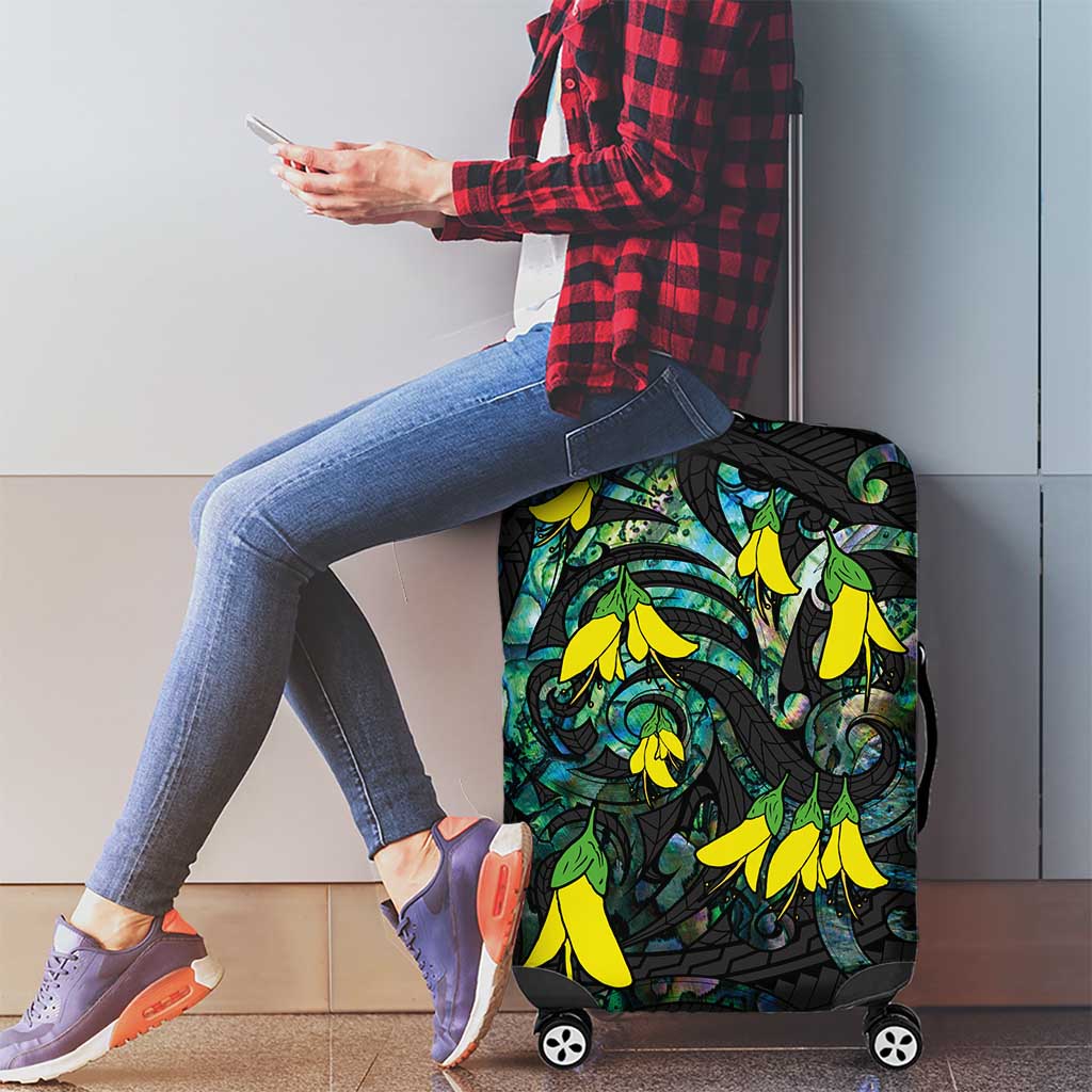 New Zealand Kowhai Flowers Luggage Cover Maori Koru Pattern With Paua Shell Style