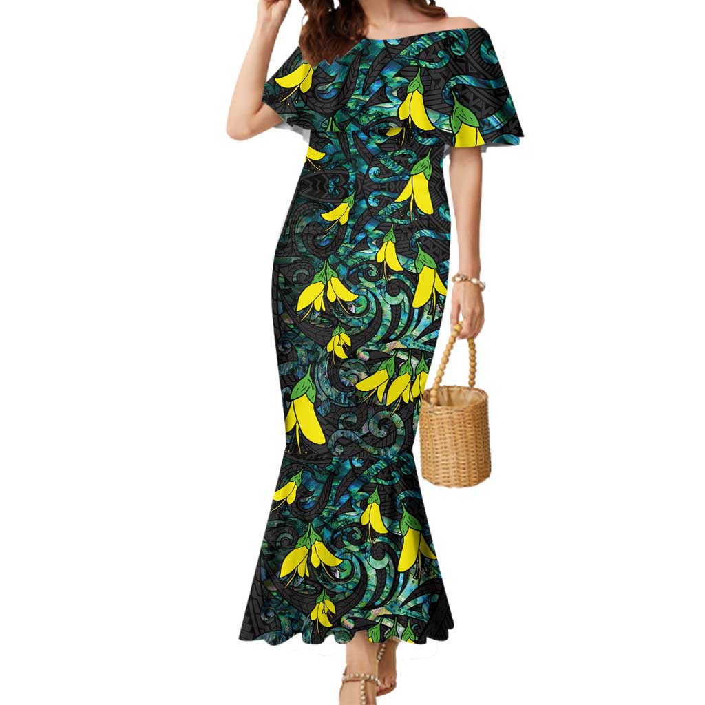 New Zealand Kowhai Flowers Mermaid Dress Maori Koru Pattern With Paua Shell Style LT03 Women Black - Polynesian Pride