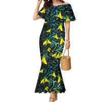 New Zealand Kowhai Flowers Mermaid Dress Maori Koru Pattern With Paua Shell Style LT03 Women Black - Polynesian Pride