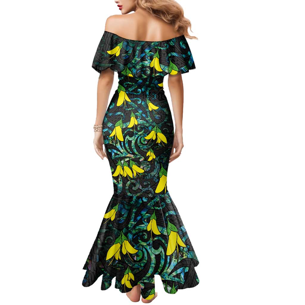 New Zealand Kowhai Flowers Mermaid Dress Maori Koru Pattern With Paua Shell Style LT03 - Polynesian Pride