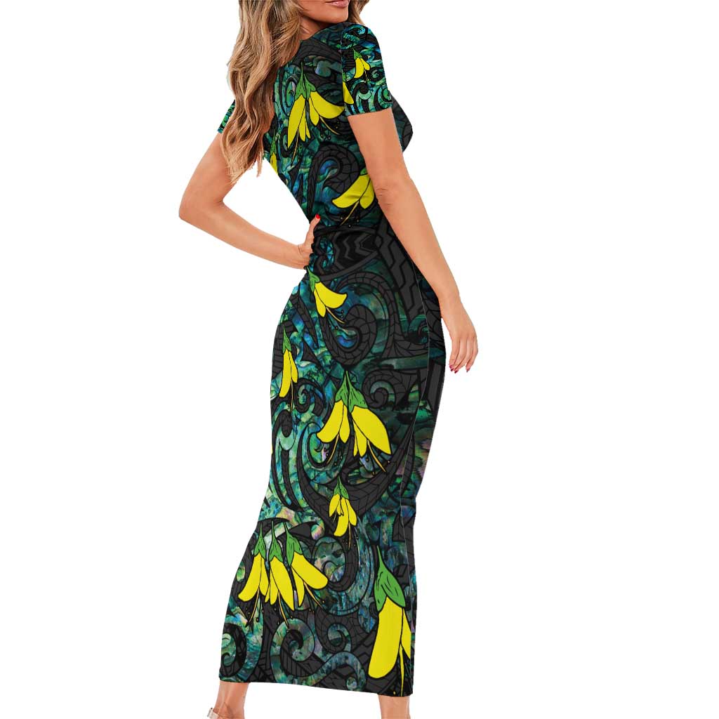 New Zealand Kowhai Flowers Short Sleeve Bodycon Dress Maori Koru Pattern With Paua Shell Style