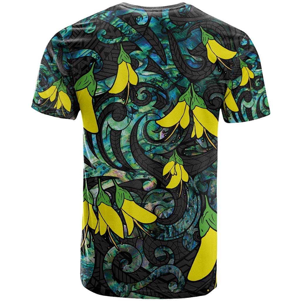 New Zealand Kowhai Flowers T Shirt Maori Koru Pattern With Paua Shell Style