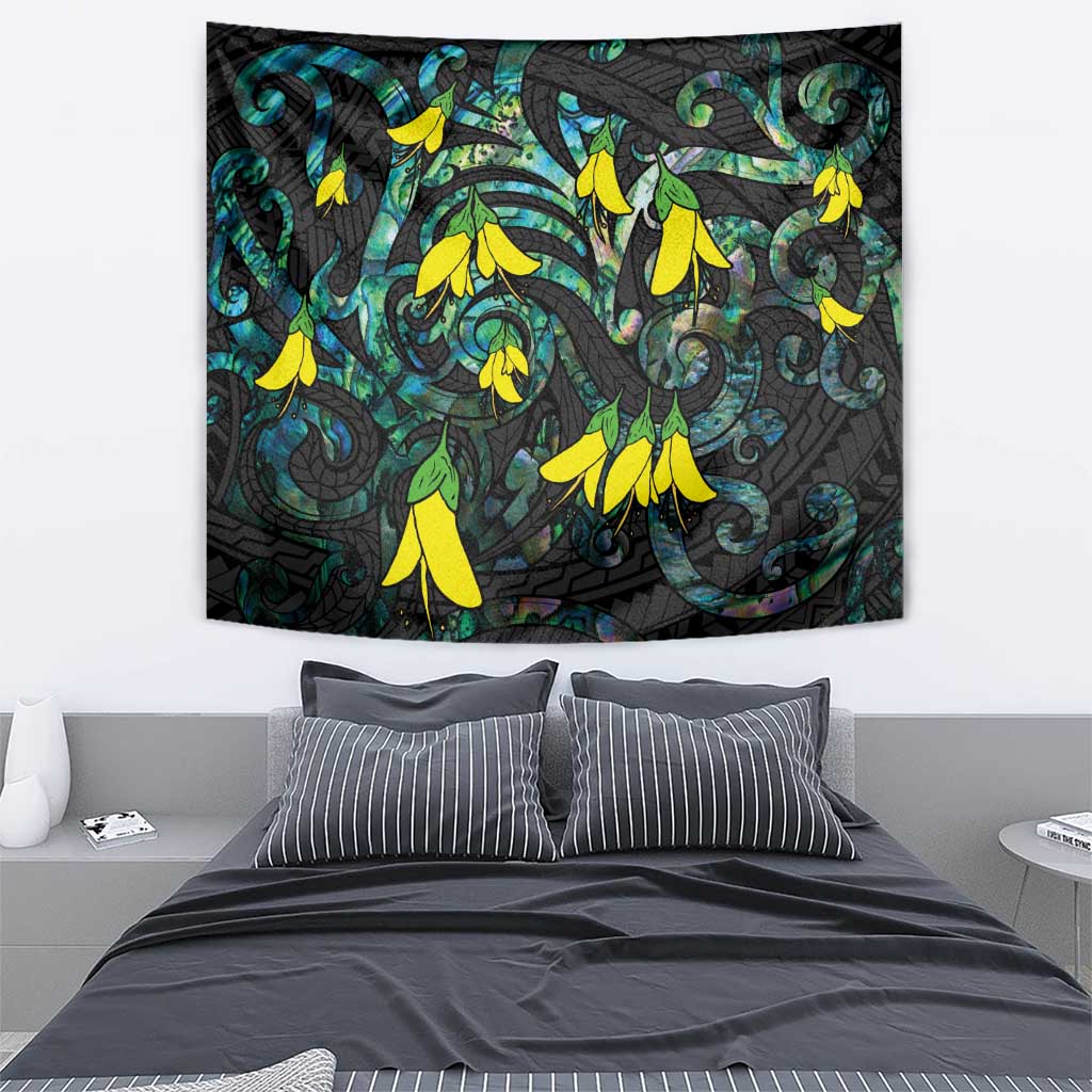 New Zealand Kowhai Flowers Tapestry Maori Koru Pattern With Paua Shell Style