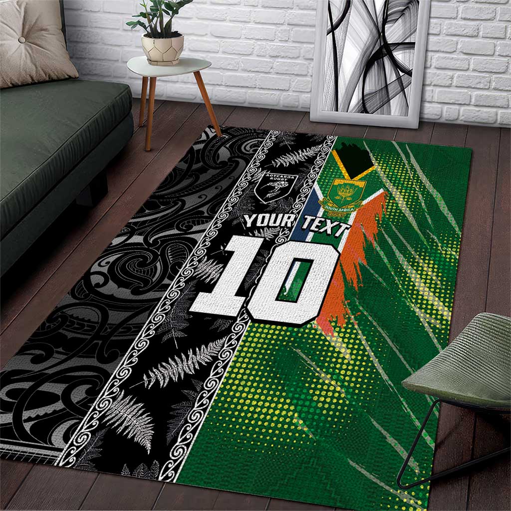 Custom Aotearoa South Africa Rugby Freedom Cup Area Rug Maori Silver Fern Art and Sporty Flag SA LT03 Black - Polynesian Pride