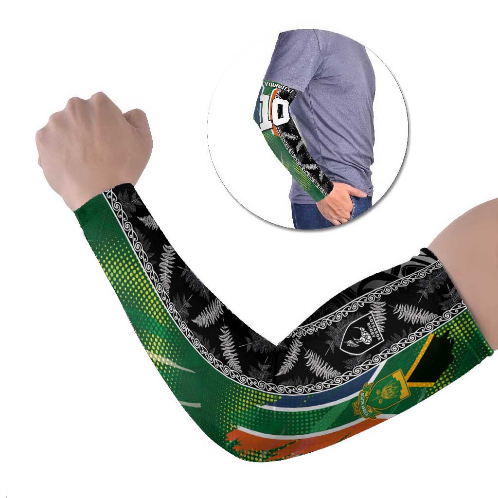 Custom Aotearoa South Africa Rugby Freedom Cup Arm Sleeves Maori Silver Fern Art and Sporty Flag SA LT03 Set of 2 Black - Polynesian Pride