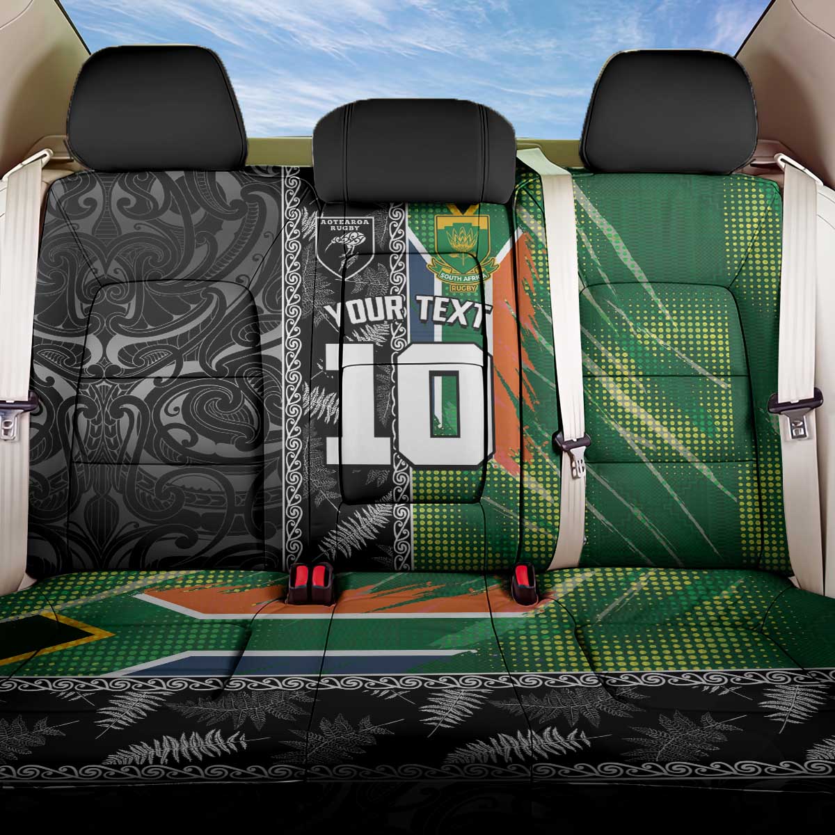 Custom Aotearoa South Africa Rugby Freedom Cup Back Car Seat Cover Maori Silver Fern Art and Sporty Flag SA LT03 One Size Black - Polynesian Pride