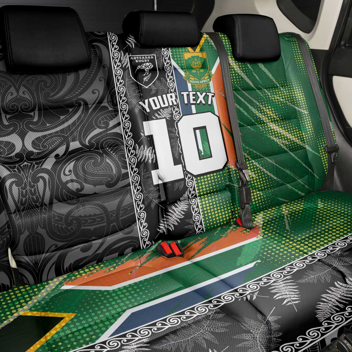Custom Aotearoa South Africa Rugby Freedom Cup Back Car Seat Cover Maori Silver Fern Art and Sporty Flag SA LT03 - Polynesian Pride