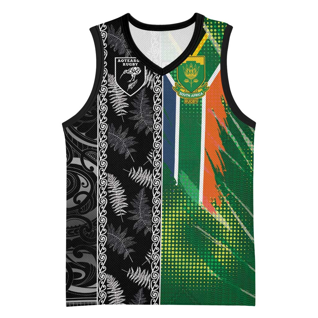 Custom Aotearoa South Africa Rugby Freedom Cup Basketball Jersey Maori Silver Fern Art and Sporty Flag SA - Polynesian Pride