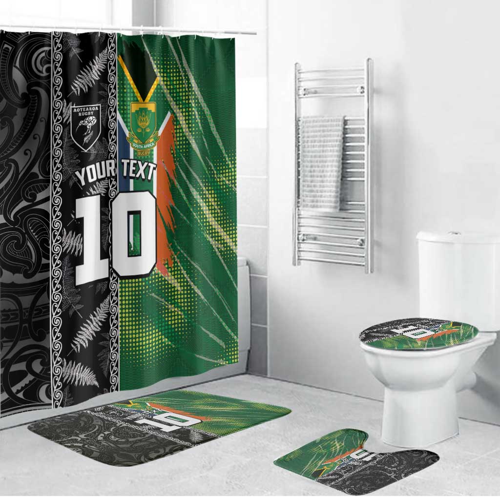 Custom Aotearoa South Africa Rugby Freedom Cup Bathroom Set Maori Silver Fern Art and Sporty Flag SA LT03 Bathroom Set (4 pcs) Black - Polynesian Pride