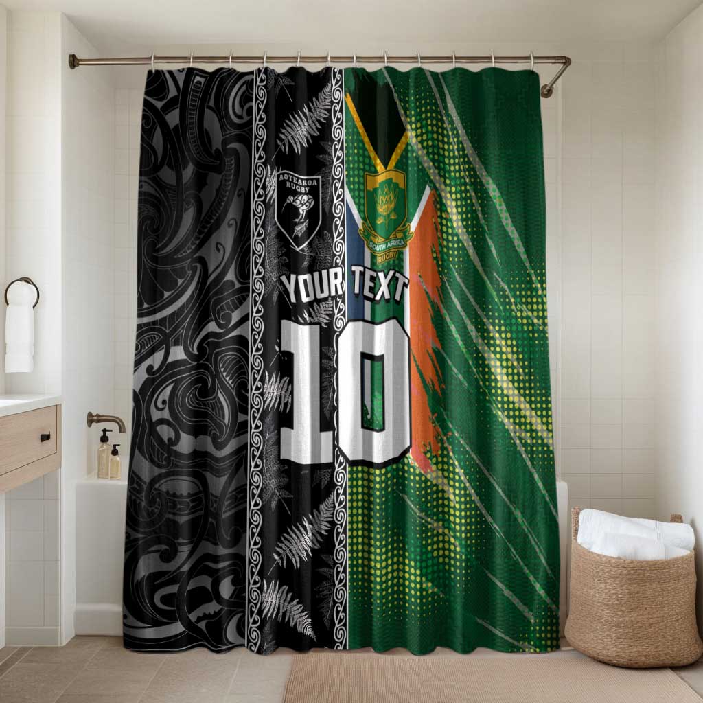 Custom Aotearoa South Africa Rugby Freedom Cup Bathroom Set Maori Silver Fern Art and Sporty Flag SA LT03 Shower Curtain Only Black - Polynesian Pride