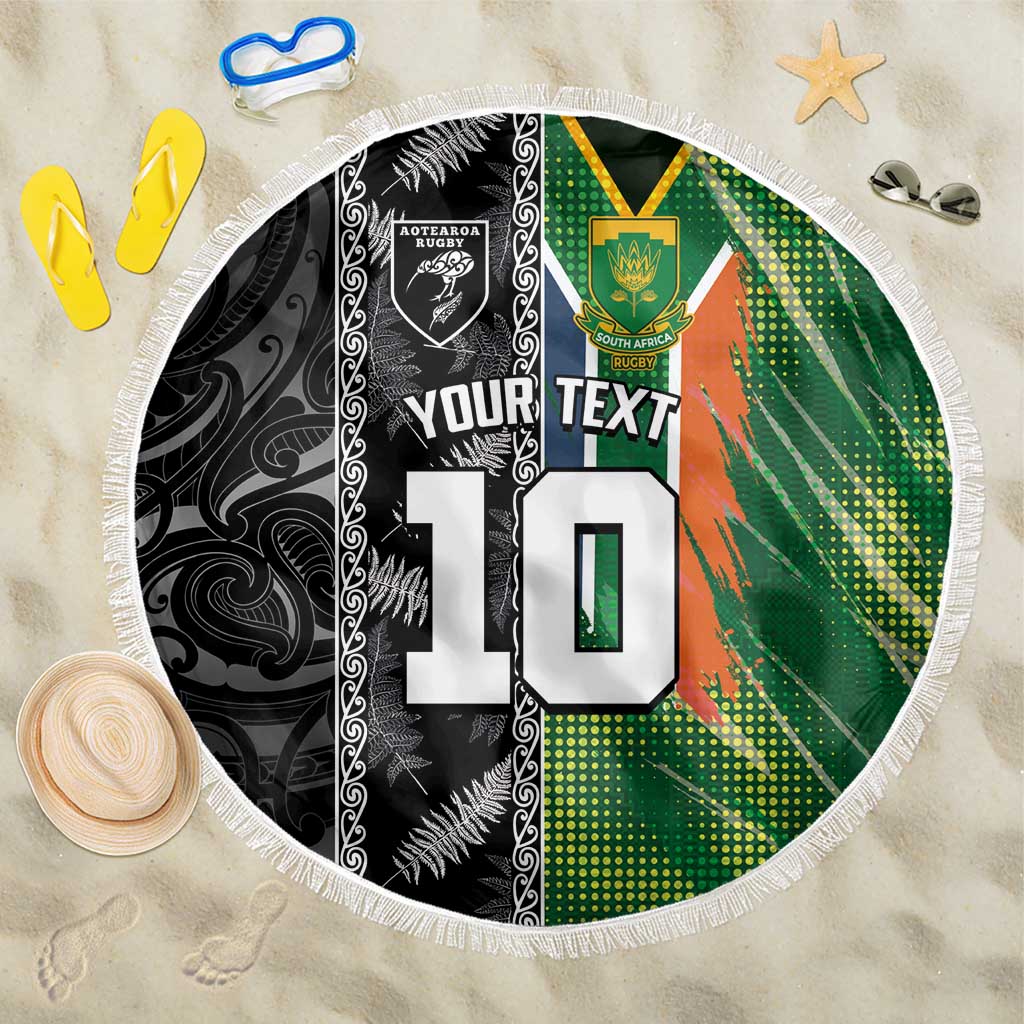 Custom Aotearoa South Africa Rugby Freedom Cup Beach Blanket Maori Silver Fern Art and Sporty Flag SA LT03 One Size 150cm Black - Polynesian Pride