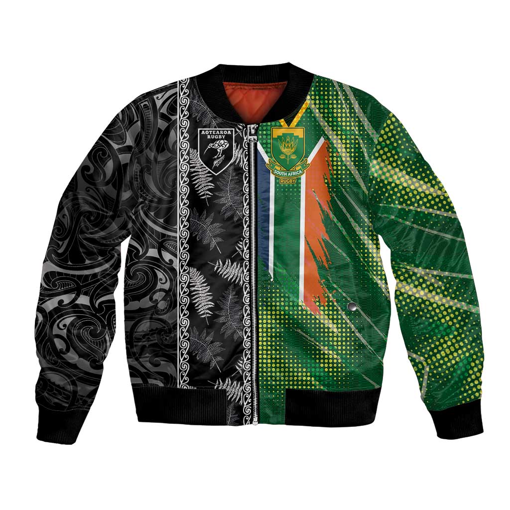 Custom Aotearoa South Africa Rugby Freedom Cup Bomber Jacket Maori Silver Fern Art and Sporty Flag SA - Polynesian Pride