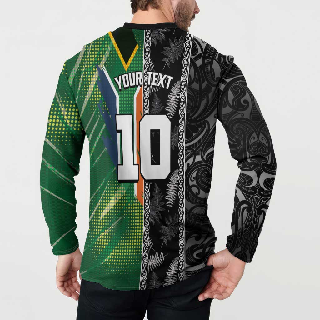Custom Aotearoa South Africa Rugby Freedom Cup Button Sweatshirt Maori Silver Fern Art and Sporty Flag SA - Polynesian Pride
