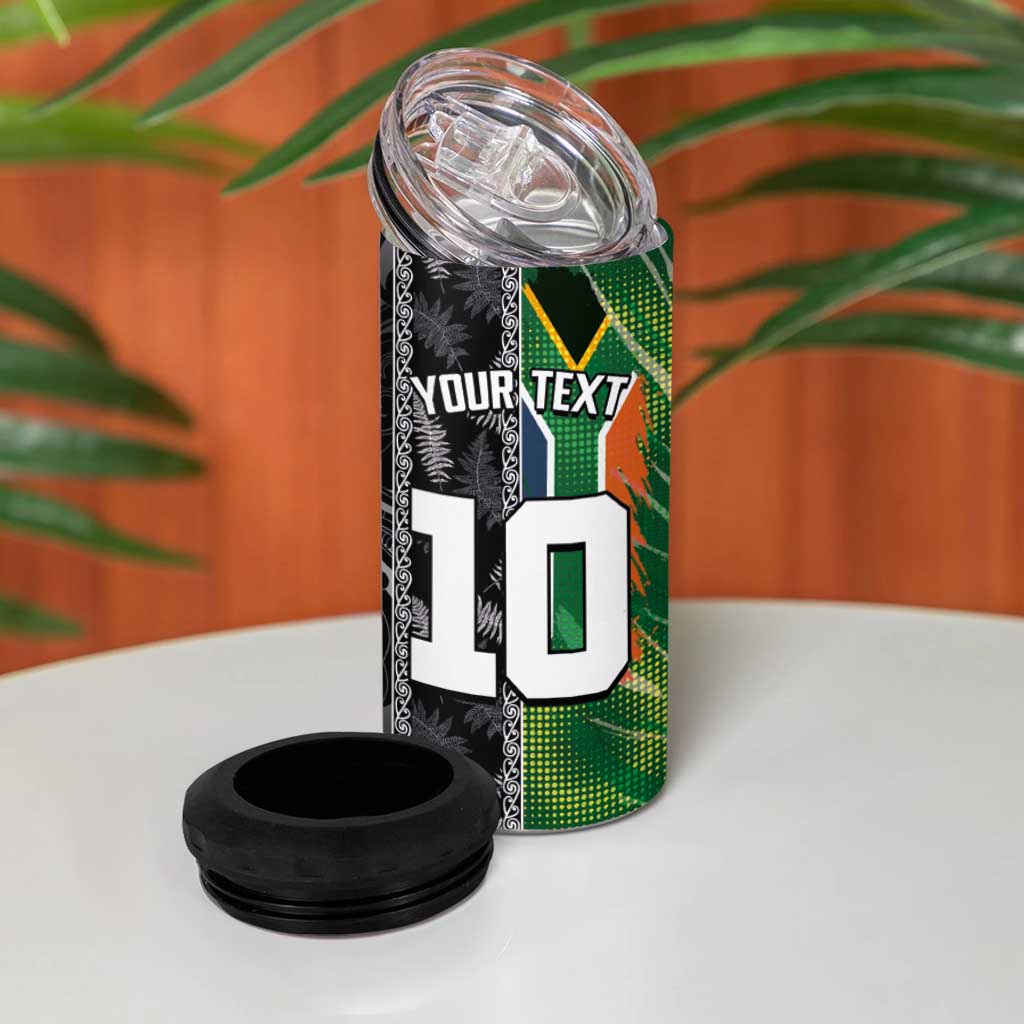 Custom Aotearoa South Africa Rugby Freedom Cup 4 in 1 Can Cooler Tumbler Maori Silver Fern Art and Sporty Flag SA LT03 - Polynesian Pride
