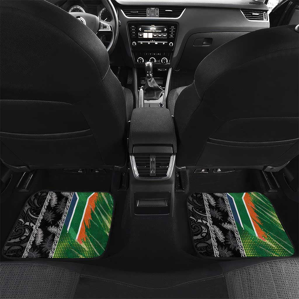 Custom Aotearoa South Africa Rugby Freedom Cup Car Mats Maori Silver Fern Art and Sporty Flag SA LT03 Set 2pcs - Back Black - Polynesian Pride