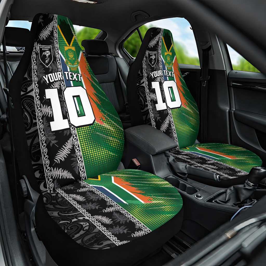 Custom Aotearoa South Africa Rugby Freedom Cup Car Seat Cover Maori Silver Fern Art and Sporty Flag SA LT03 One Size Black - Polynesian Pride
