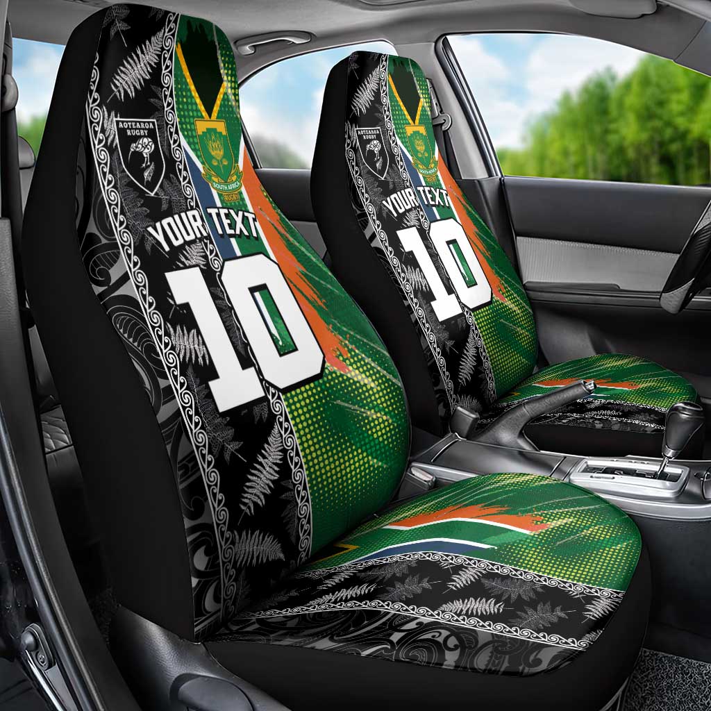 Custom Aotearoa South Africa Rugby Freedom Cup Car Seat Cover Maori Silver Fern Art and Sporty Flag SA LT03 - Polynesian Pride