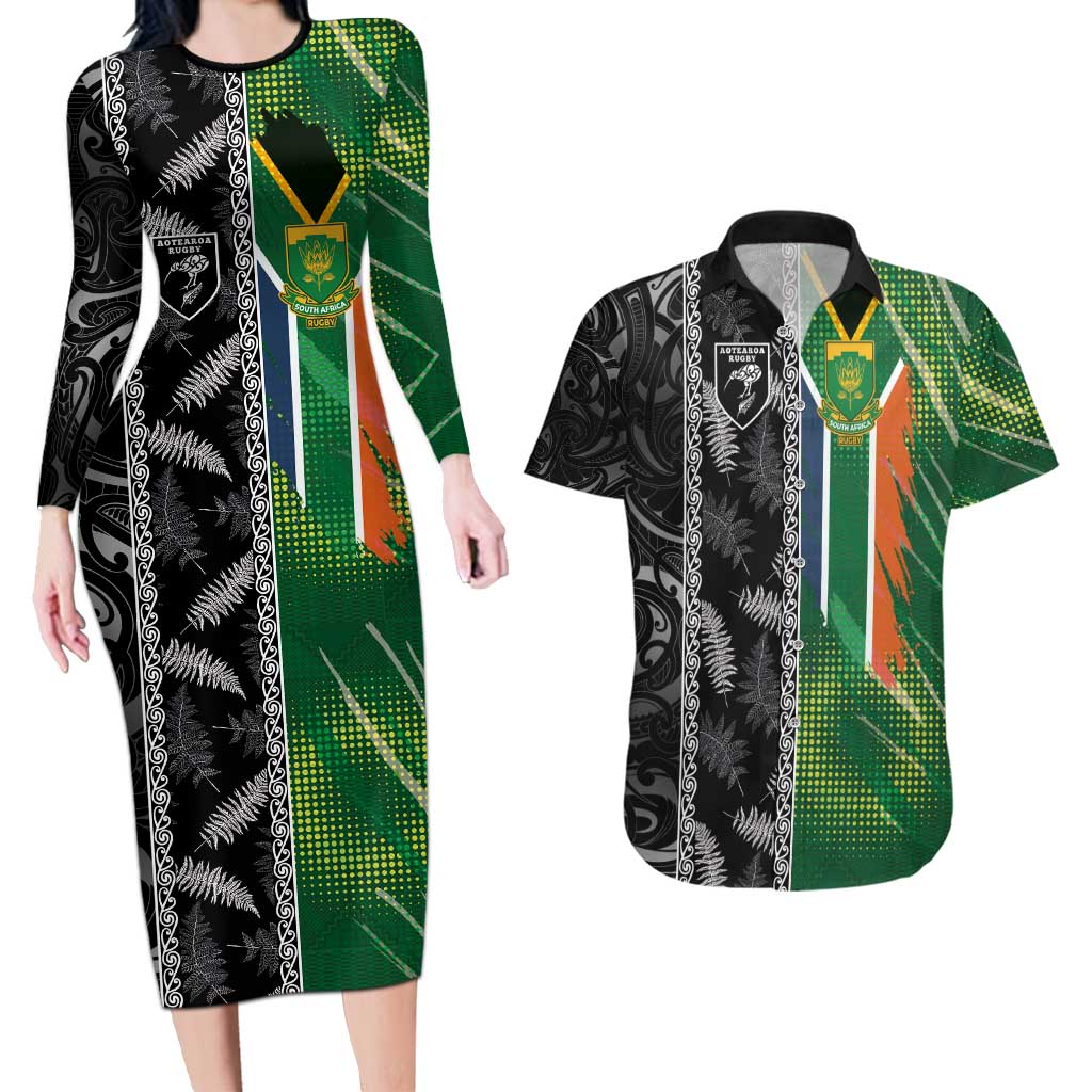 Custom Aotearoa South Africa Rugby Freedom Cup Couples Matching Long Sleeve Bodycon Dress and Hawaiian Shirt Maori Silver Fern Art and Sporty Flag SA LT03 Black - Polynesian Pride