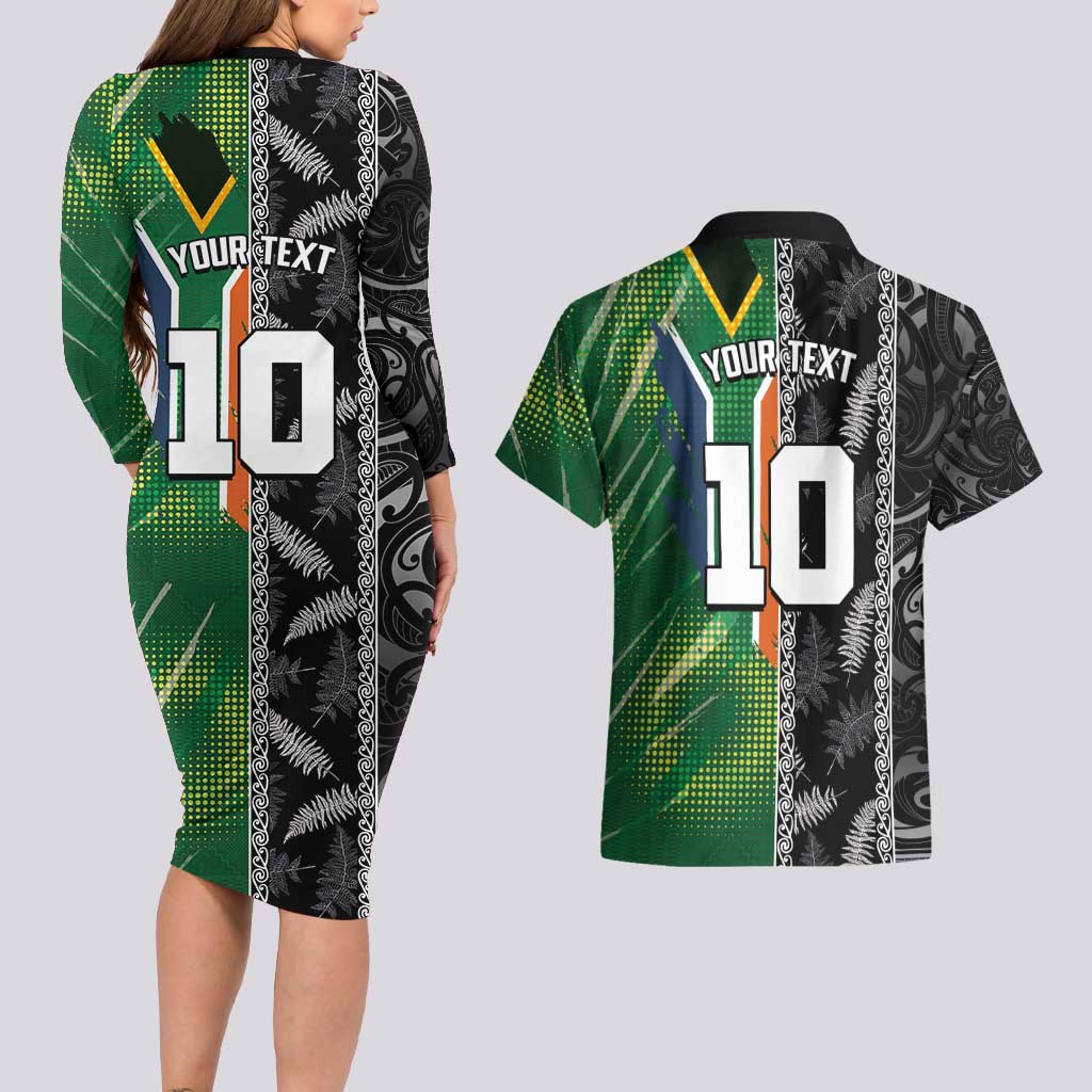 Custom Aotearoa South Africa Rugby Freedom Cup Couples Matching Long Sleeve Bodycon Dress and Hawaiian Shirt Maori Silver Fern Art and Sporty Flag SA LT03 - Polynesian Pride