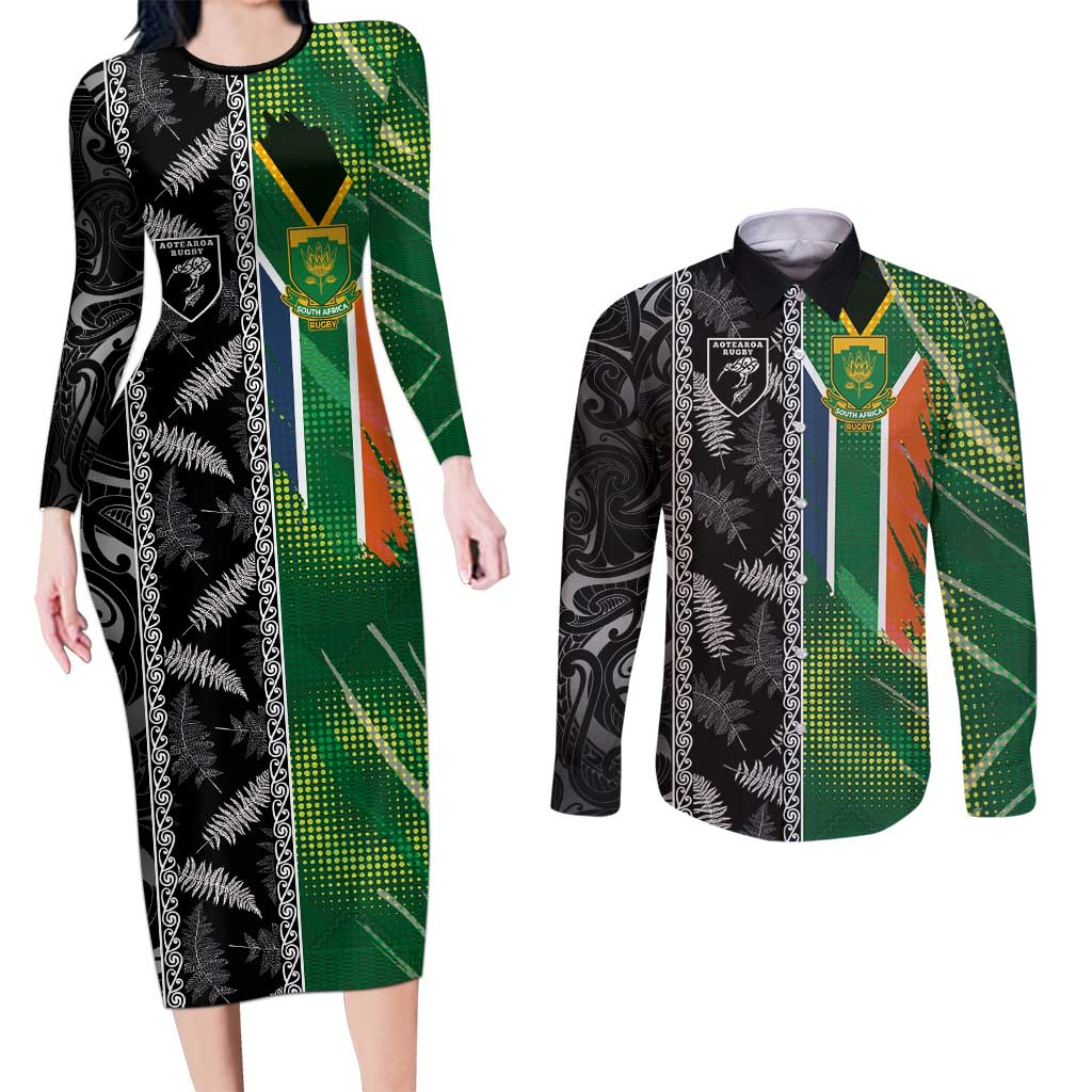 Custom Aotearoa South Africa Rugby Freedom Cup Couples Matching Long Sleeve Bodycon Dress and Long Sleeve Button Shirt Maori Silver Fern Art and Sporty Flag SA LT03 Black - Polynesian Pride