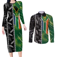 Custom Aotearoa South Africa Rugby Freedom Cup Couples Matching Long Sleeve Bodycon Dress and Long Sleeve Button Shirt Maori Silver Fern Art and Sporty Flag SA LT03 Black - Polynesian Pride