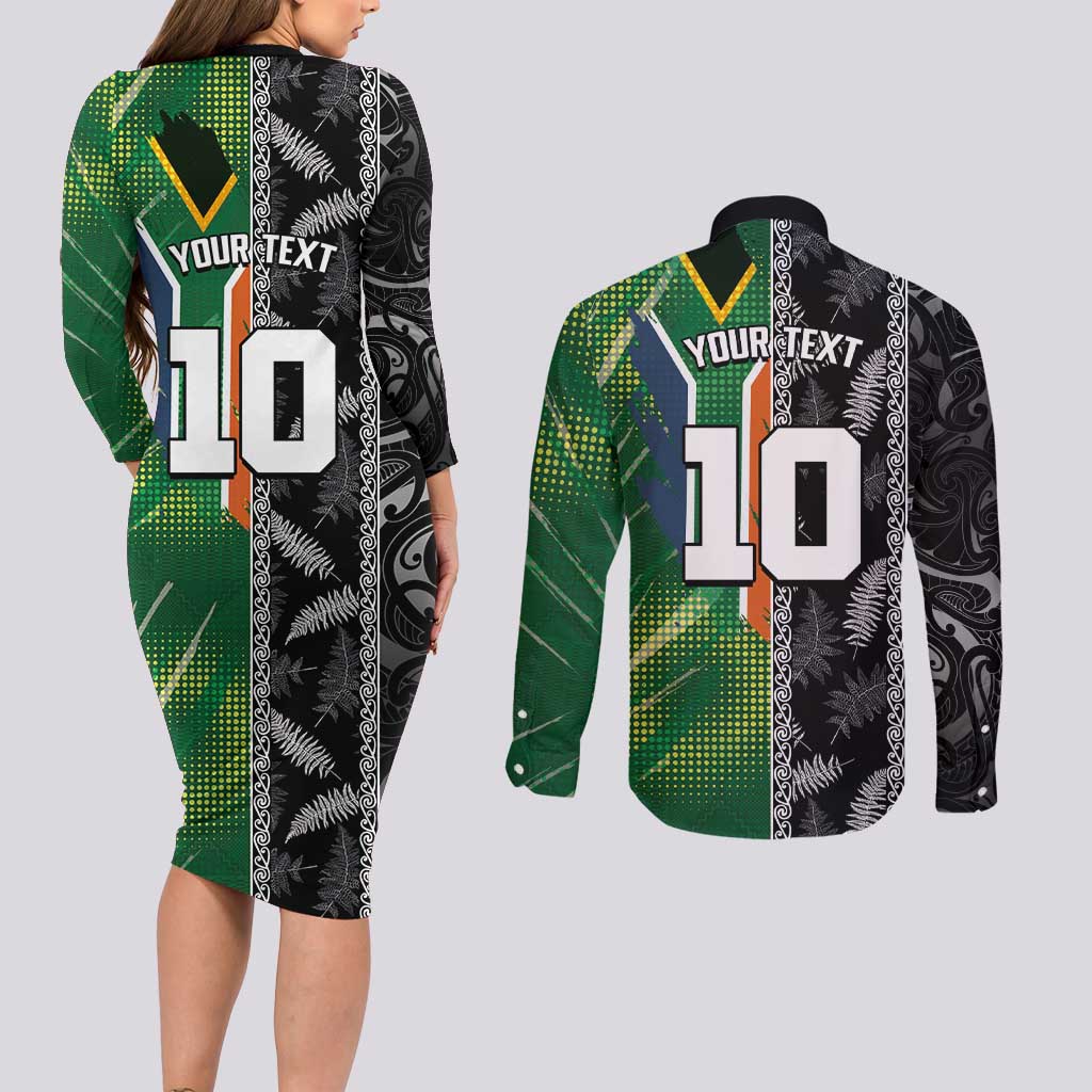 Custom Aotearoa South Africa Rugby Freedom Cup Couples Matching Long Sleeve Bodycon Dress and Long Sleeve Button Shirt Maori Silver Fern Art and Sporty Flag SA LT03 - Polynesian Pride