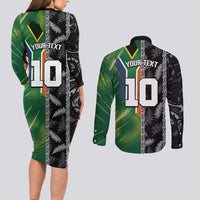 Custom Aotearoa South Africa Rugby Freedom Cup Couples Matching Long Sleeve Bodycon Dress and Long Sleeve Button Shirt Maori Silver Fern Art and Sporty Flag SA LT03 - Polynesian Pride