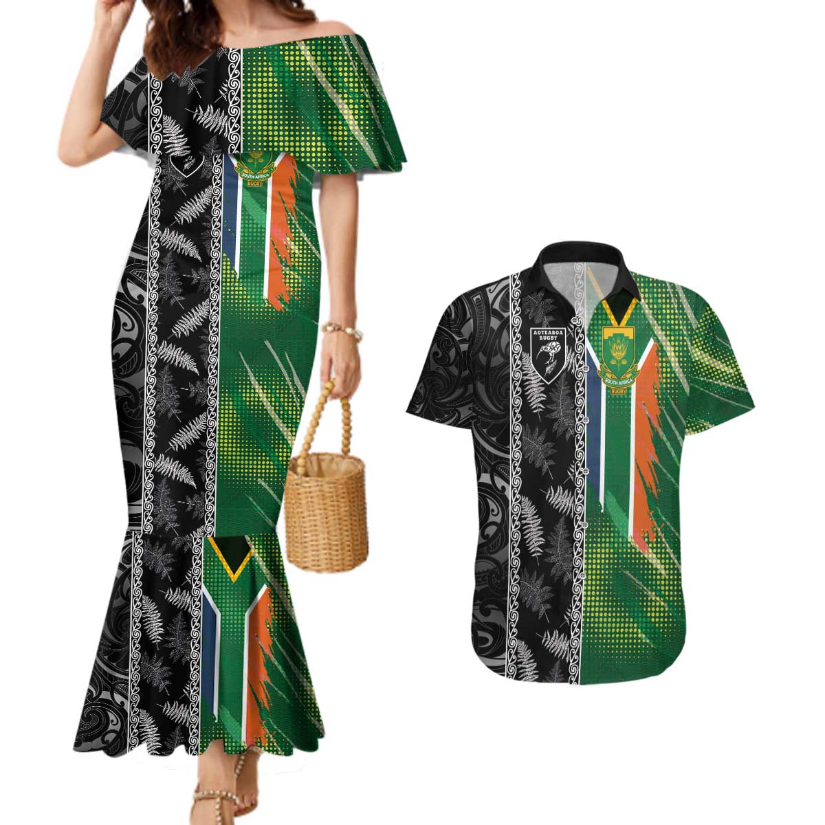 Custom Aotearoa South Africa Rugby Freedom Cup Couples Matching Mermaid Dress and Hawaiian Shirt Maori Silver Fern Art and Sporty Flag SA LT03 Black - Polynesian Pride