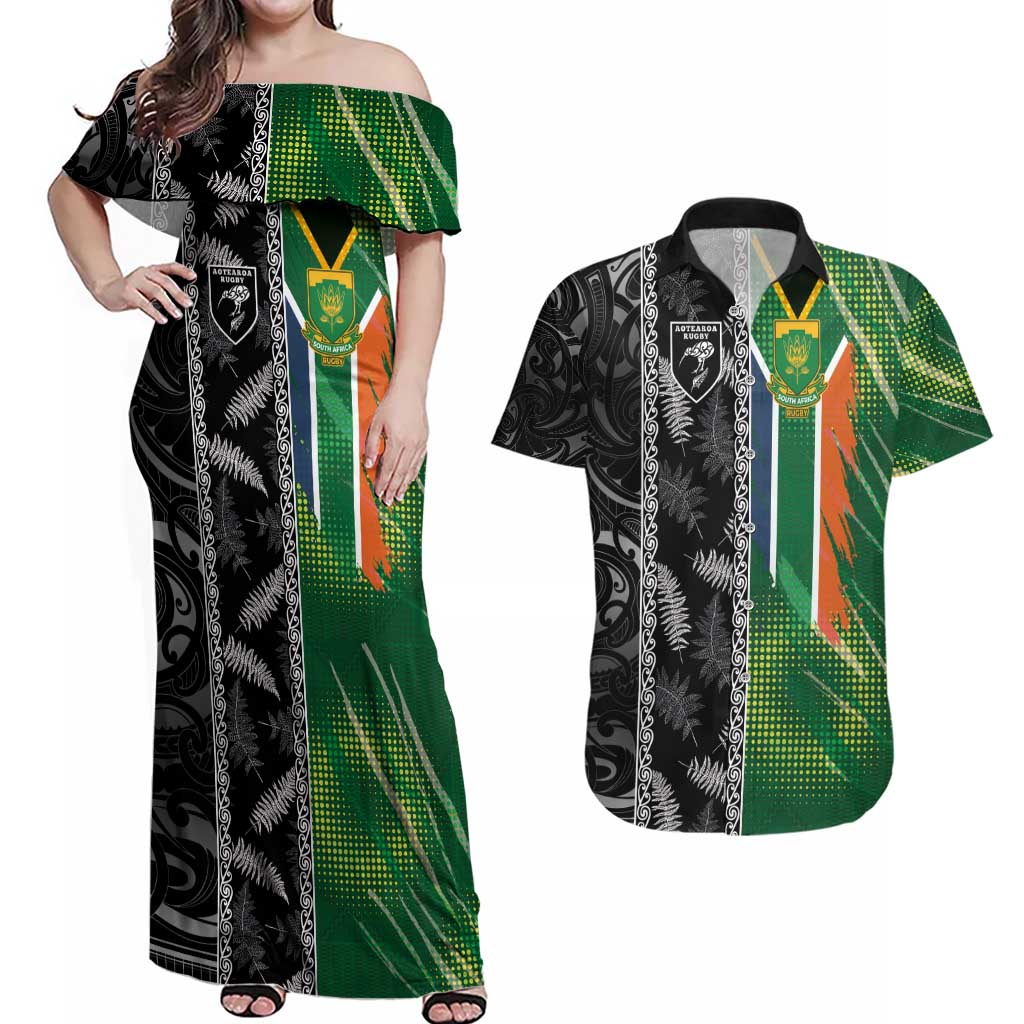 Custom Aotearoa South Africa Rugby Freedom Cup Couples Matching Off Shoulder Maxi Dress and Hawaiian Shirt Maori Silver Fern Art and Sporty Flag SA LT03 Black - Polynesian Pride