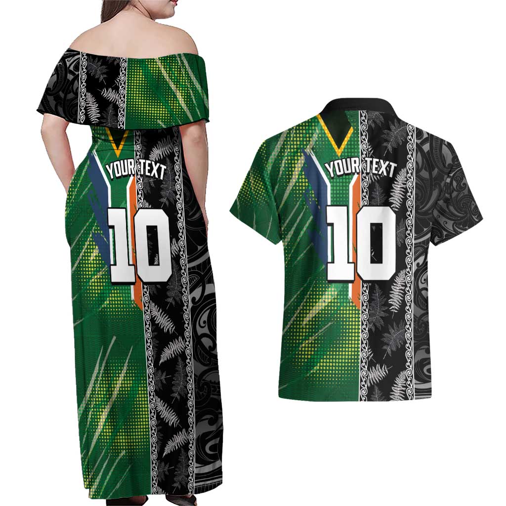 Custom Aotearoa South Africa Rugby Freedom Cup Couples Matching Off Shoulder Maxi Dress and Hawaiian Shirt Maori Silver Fern Art and Sporty Flag SA LT03 - Polynesian Pride