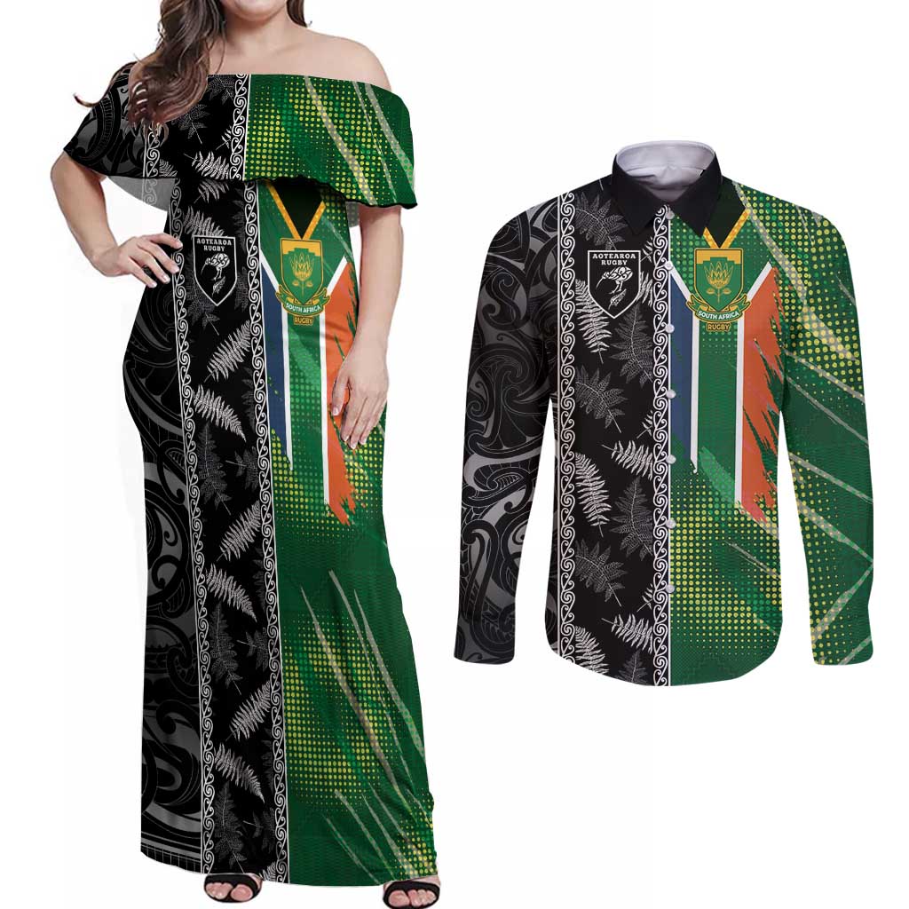 Custom Aotearoa South Africa Rugby Freedom Cup Couples Matching Off Shoulder Maxi Dress and Long Sleeve Button Shirt Maori Silver Fern Art and Sporty Flag SA LT03 Black - Polynesian Pride
