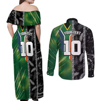 Custom Aotearoa South Africa Rugby Freedom Cup Couples Matching Off Shoulder Maxi Dress and Long Sleeve Button Shirt Maori Silver Fern Art and Sporty Flag SA LT03 - Polynesian Pride