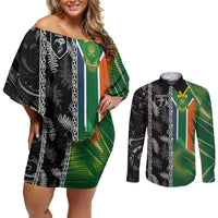 Custom Aotearoa South Africa Rugby Freedom Cup Couples Matching Off Shoulder Short Dress and Long Sleeve Button Shirt Maori Silver Fern Art and Sporty Flag SA LT03 Black - Polynesian Pride