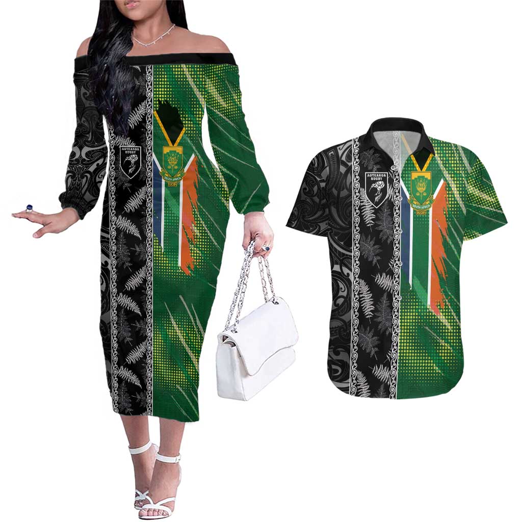 Custom Aotearoa South Africa Rugby Freedom Cup Couples Matching Off The Shoulder Long Sleeve Dress and Hawaiian Shirt Maori Silver Fern Art and Sporty Flag SA LT03 Black - Polynesian Pride