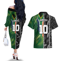 Custom Aotearoa South Africa Rugby Freedom Cup Couples Matching Off The Shoulder Long Sleeve Dress and Hawaiian Shirt Maori Silver Fern Art and Sporty Flag SA LT03 - Polynesian Pride