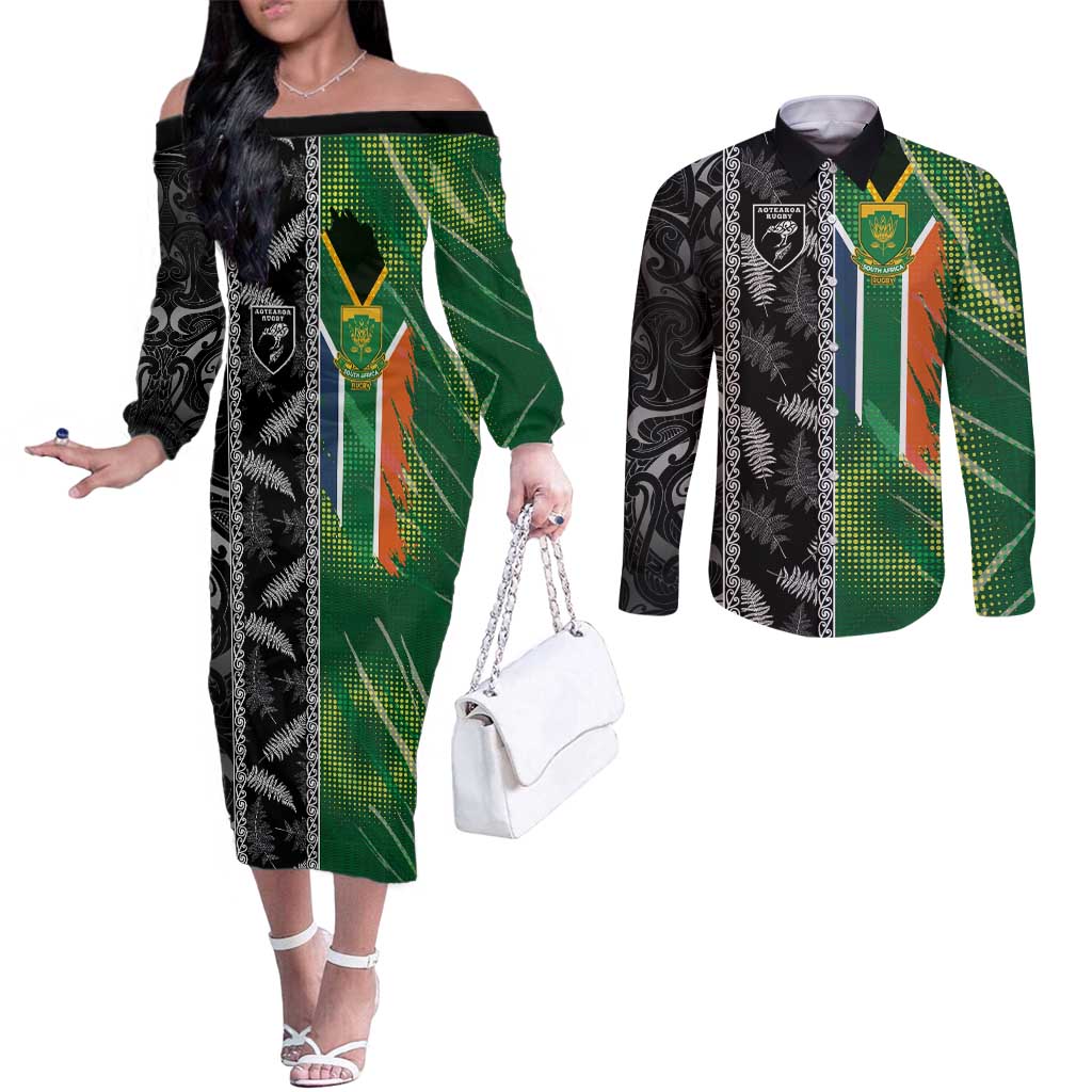 Custom Aotearoa South Africa Rugby Freedom Cup Couples Matching Off The Shoulder Long Sleeve Dress and Long Sleeve Button Shirt Maori Silver Fern Art and Sporty Flag SA LT03 Black - Polynesian Pride
