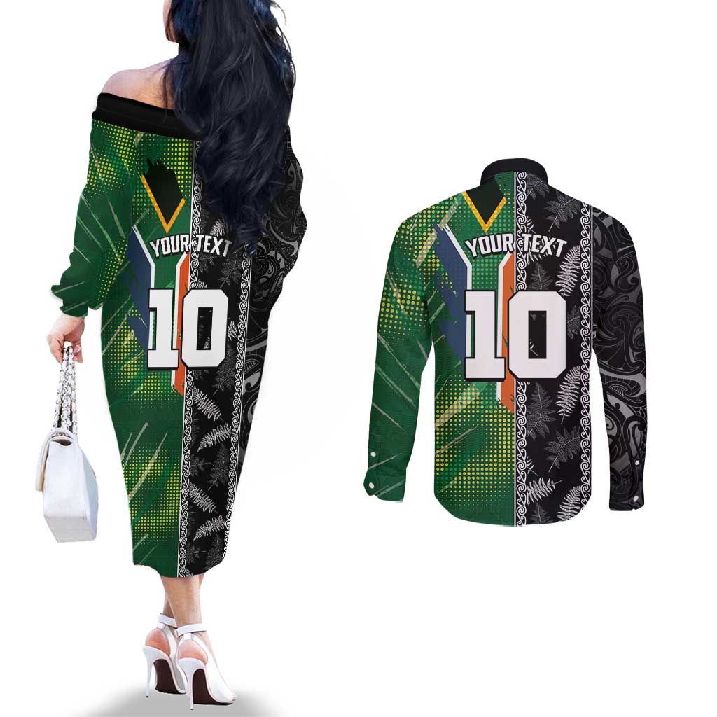 Custom Aotearoa South Africa Rugby Freedom Cup Couples Matching Off The Shoulder Long Sleeve Dress and Long Sleeve Button Shirt Maori Silver Fern Art and Sporty Flag SA LT03 - Polynesian Pride