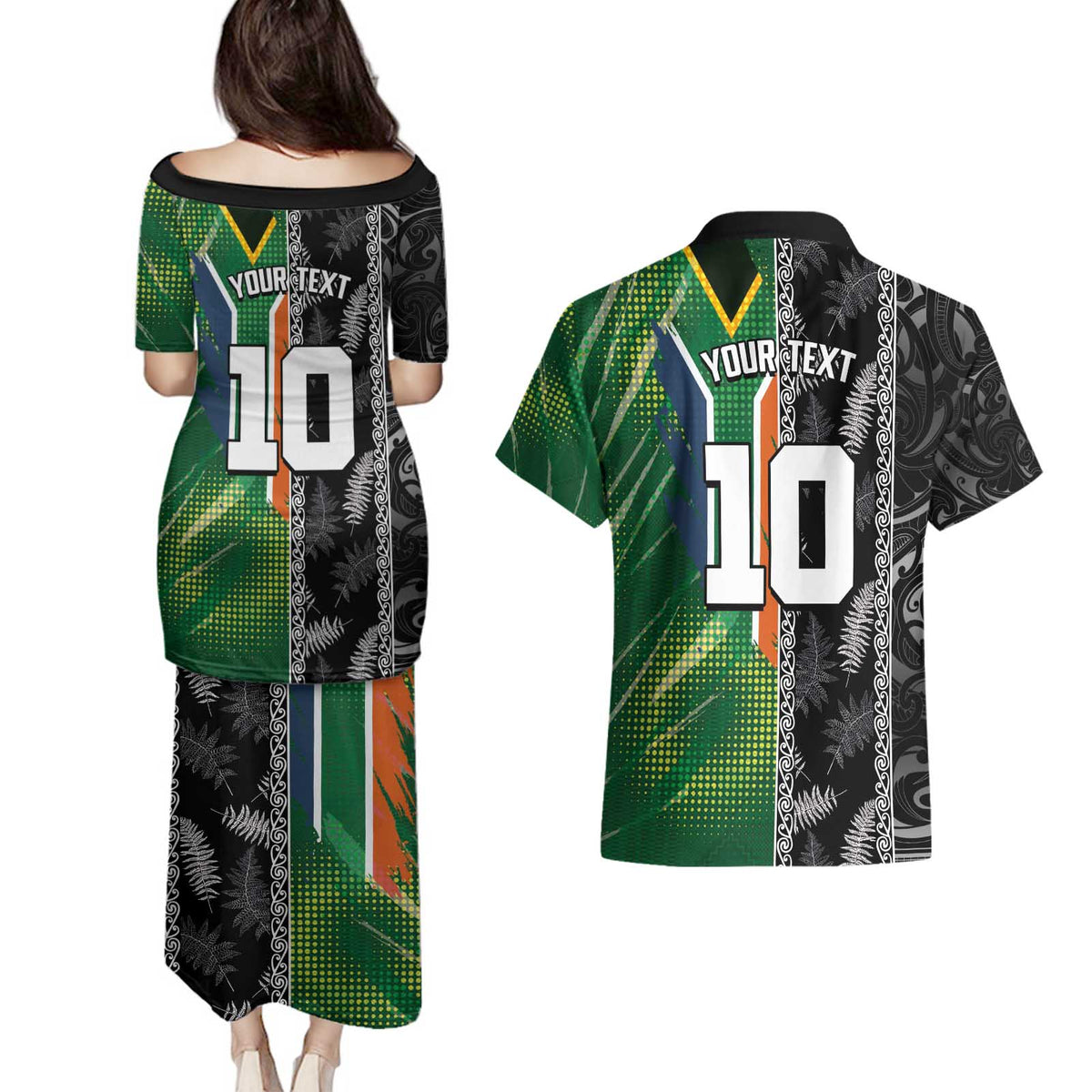 Custom Aotearoa South Africa Rugby Freedom Cup Couples Matching Puletasi and Hawaiian Shirt Maori Silver Fern Art and Sporty Flag SA LT03 - Polynesian Pride