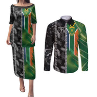 Custom Aotearoa South Africa Rugby Freedom Cup Couples Matching Puletasi and Long Sleeve Button Shirt Maori Silver Fern Art and Sporty Flag SA LT03 Black - Polynesian Pride