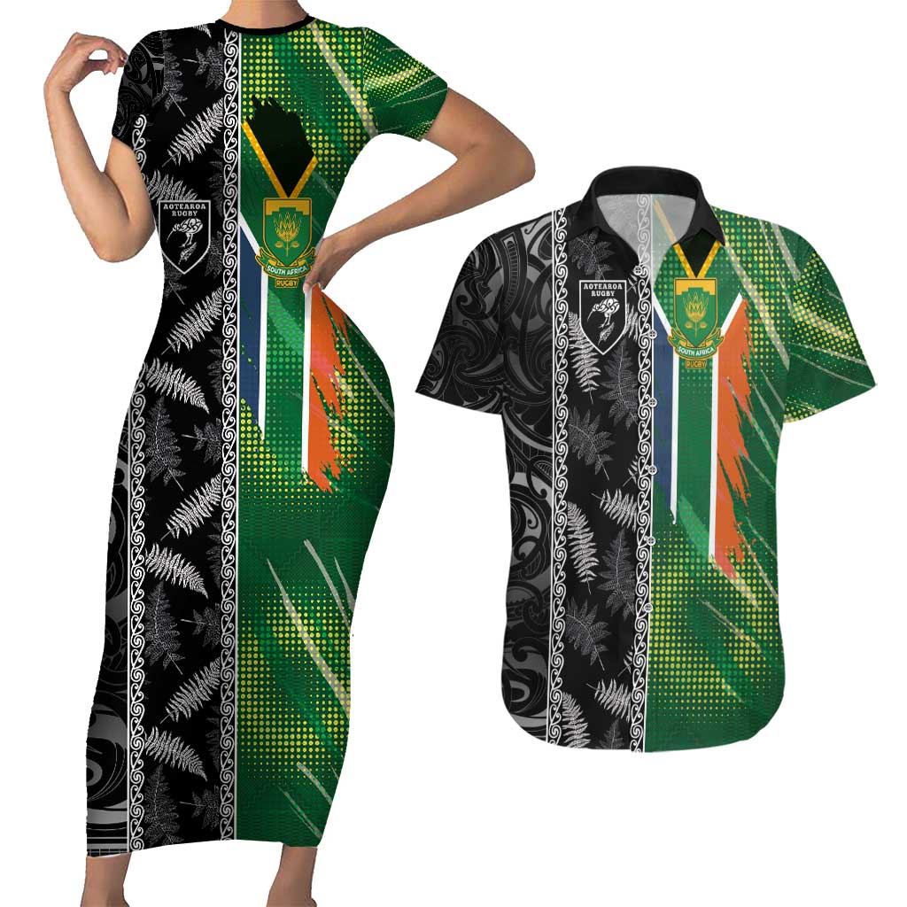 Custom Aotearoa South Africa Rugby Freedom Cup Couples Matching Short Sleeve Bodycon Dress and Hawaiian Shirt Maori Silver Fern Art and Sporty Flag SA LT03 Black - Polynesian Pride