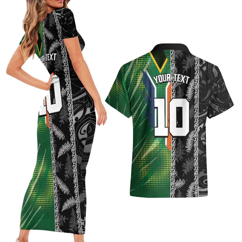 Custom Aotearoa South Africa Rugby Freedom Cup Couples Matching Short Sleeve Bodycon Dress and Hawaiian Shirt Maori Silver Fern Art and Sporty Flag SA LT03 - Polynesian Pride