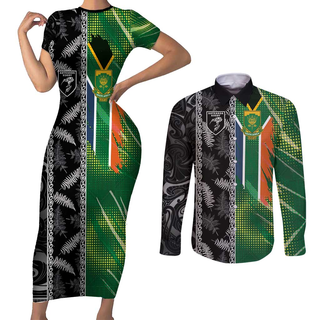 Custom Aotearoa South Africa Rugby Freedom Cup Couples Matching Short Sleeve Bodycon Dress and Long Sleeve Button Shirt Maori Silver Fern Art and Sporty Flag SA LT03 Black - Polynesian Pride