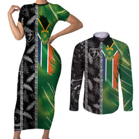 Custom Aotearoa South Africa Rugby Freedom Cup Couples Matching Short Sleeve Bodycon Dress and Long Sleeve Button Shirt Maori Silver Fern Art and Sporty Flag SA LT03 Black - Polynesian Pride