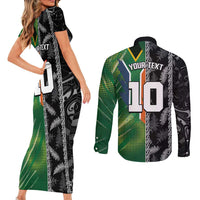 Custom Aotearoa South Africa Rugby Freedom Cup Couples Matching Short Sleeve Bodycon Dress and Long Sleeve Button Shirt Maori Silver Fern Art and Sporty Flag SA LT03 - Polynesian Pride