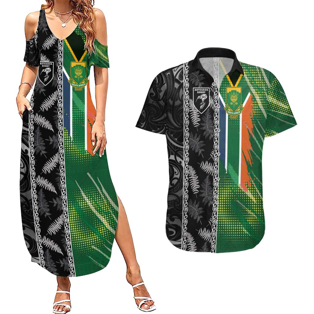 Custom Aotearoa South Africa Rugby Freedom Cup Couples Matching Summer Maxi Dress and Hawaiian Shirt Maori Silver Fern Art and Sporty Flag SA LT03 Black - Polynesian Pride