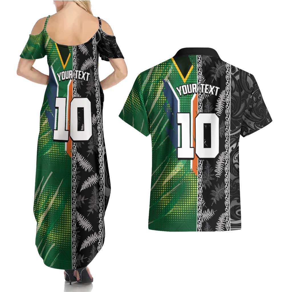 Custom Aotearoa South Africa Rugby Freedom Cup Couples Matching Summer Maxi Dress and Hawaiian Shirt Maori Silver Fern Art and Sporty Flag SA LT03 - Polynesian Pride