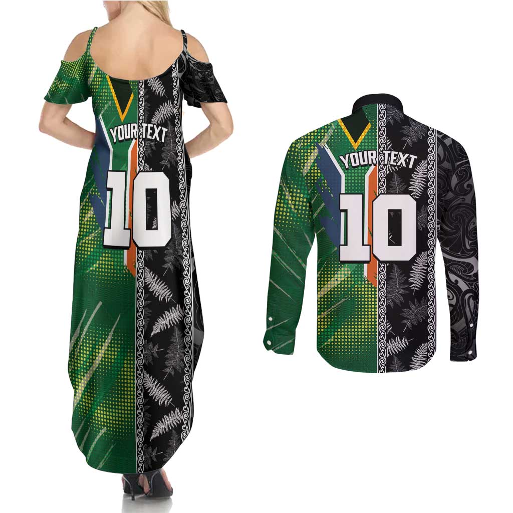 Custom Aotearoa South Africa Rugby Freedom Cup Couples Matching Summer Maxi Dress and Long Sleeve Button Shirt Maori Silver Fern Art and Sporty Flag SA LT03 - Polynesian Pride